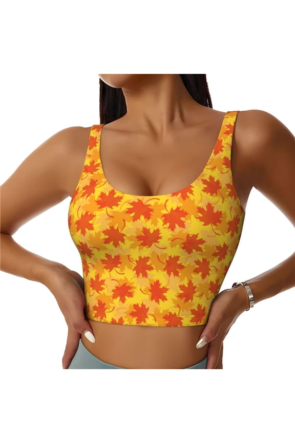 fall retro maple leaf Print Womens' Sports Bras Scoop Neck Sports Vest- Padded U Back Seamless High Impact Support-Medium