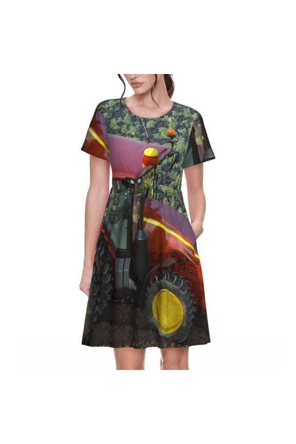 farm tractor Pattern Women’s Short Sleeve Dress – Casual Elegant Summer A-Line Dress for Everyday Wear