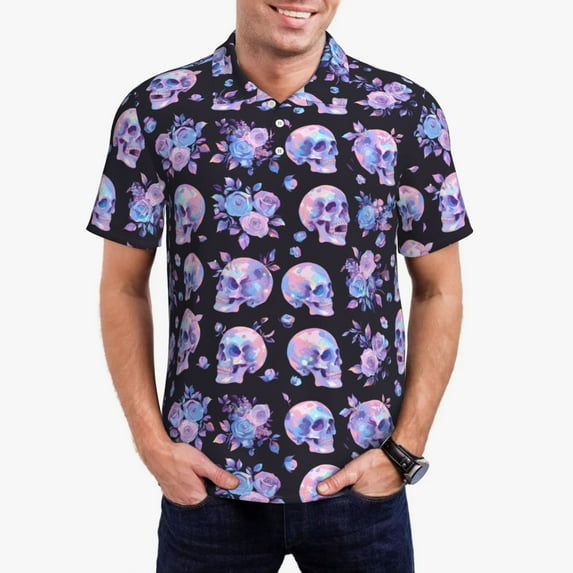 Rateoe flower Skull rose Pattern Men's Short Sleeve Polo Shirts, Golf Polo Shirts Short Sleeve Performance Moisture Wicking Dry-Medium