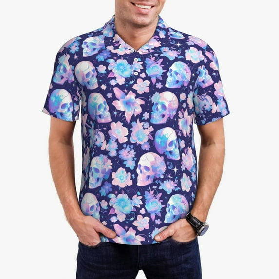 Rateoe flower Skull starry sky Pattern Men's Short Sleeve Polo Shirts, Golf Polo Shirts Short Sleeve Performance Moisture Wicking Dry-XX-Large