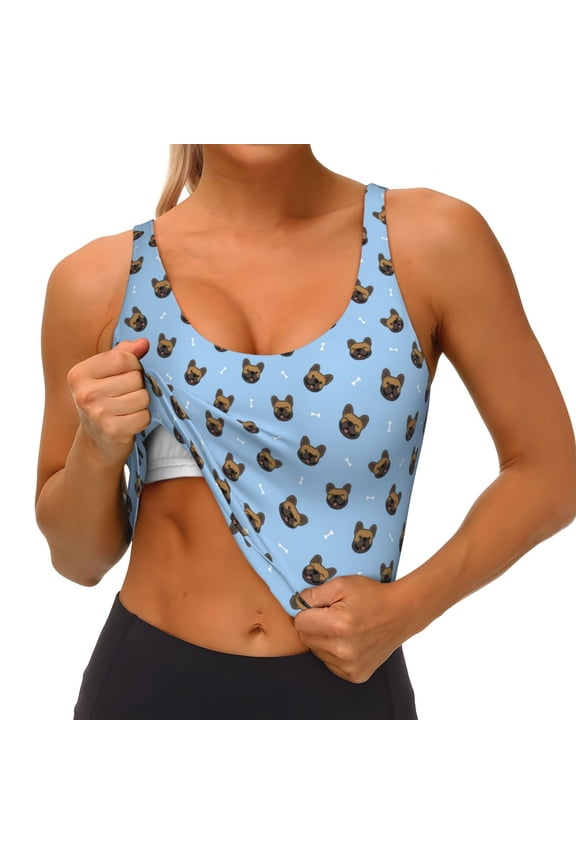 french Bulldog Face Print Womens' Sports Bras Scoop Neck Sports Vest- Padded U Back Seamless High Impact Support