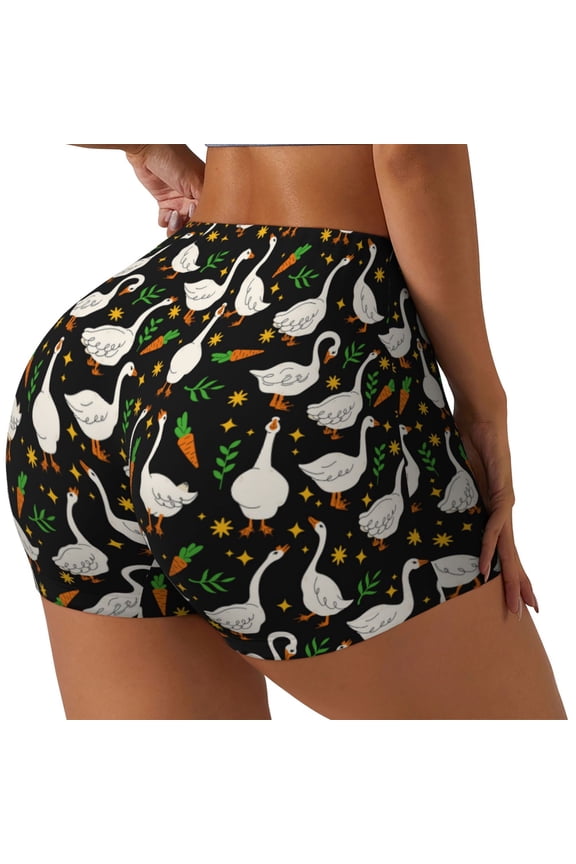 funny Goose Printed Power Workout Shorts for Women Tummy Control Squat Proof Ribbed Thick Seamless Scrunch Active Short-Small