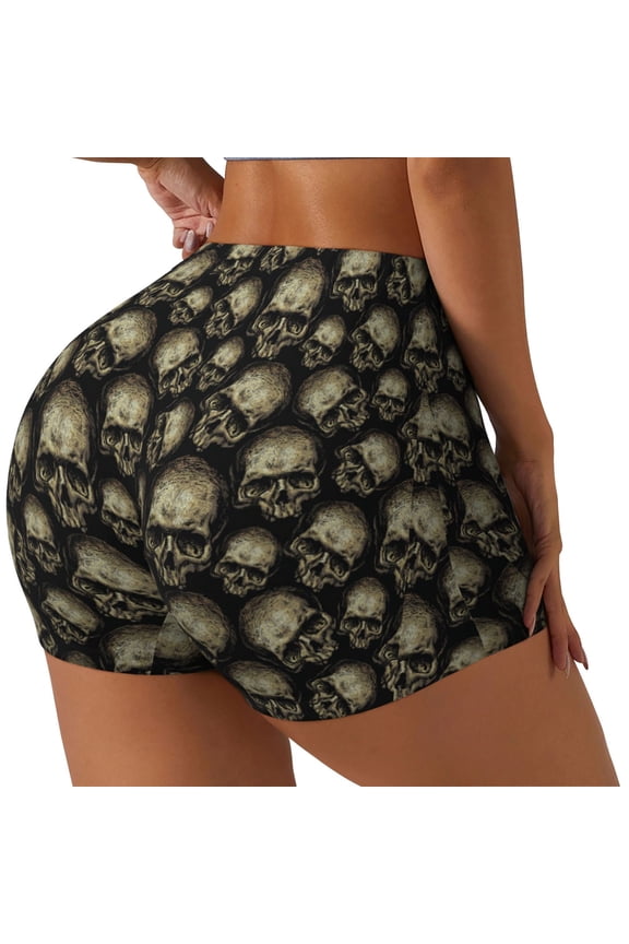 funny Retro Skull Printed Power Workout Shorts for Women Tummy Control Squat Proof Ribbed Thick Seamless Scrunch Active Short-Medium