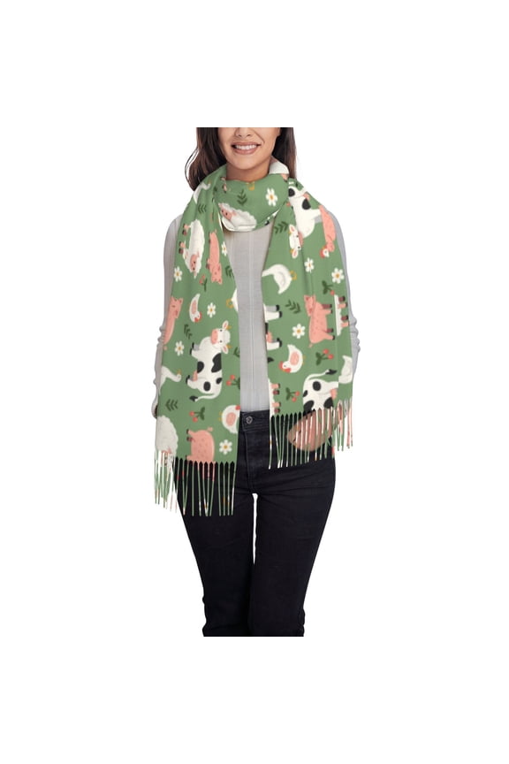 funny cute farm animals Printed Women's Traditional Scarf Wrap Tassel Shawl Fringes Neck Head Shawl Retro Scarf
