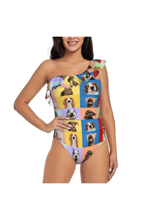 funny dogs Pattern Women One Piece Swimsuits Tummy Control One Shoulder Bathing Suits Ruffle Swimwear-X-Large