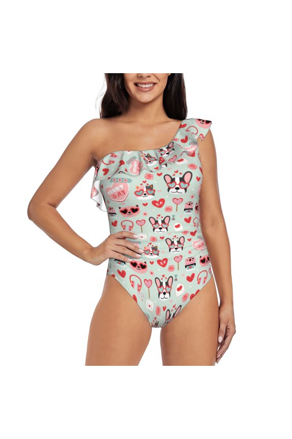 funny dogs and love Pattern Women One Piece Swimsuits Tummy Control One Shoulder Bathing Suits Ruffle Swimwear-Large