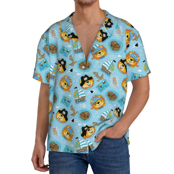 Rateoe funny lion in pirate Pattern Men's Short Sleeve Classic Shirt, Casual Short-Sleeved Shirt, Lightweight Summer Shirt, Cuban Collar Shirt,Button-Front Shirt-