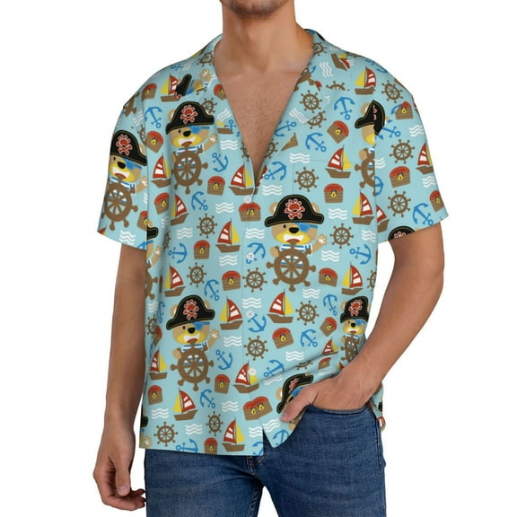 Rateoe funny pirate Pattern Men's Short Sleeve Classic Shirt, Casual Short-Sleeved Shirt, Lightweight Summer Shirt, Cuban Collar Shirt,Button-Front Shirt-X-Large