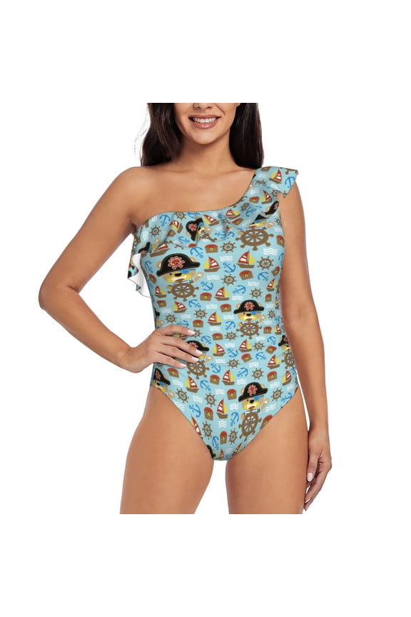 funny pirate Pattern Women One Piece Swimsuits Tummy Control One Shoulder Bathing Suits Ruffle Swimwear-