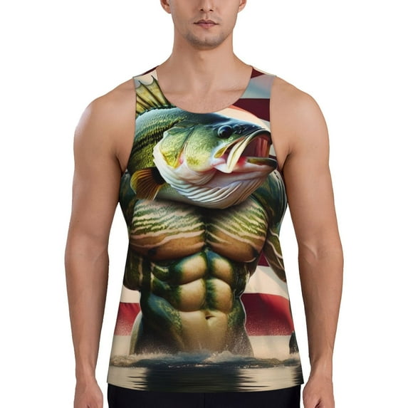 Rateoe giant bass with big muscles Pattern Sleeveless Gym Shirt Muscle Tee Breathable Workout Shirt Slim-Fit Tank Quick Dry Fit Muscle Tank Top Bodybuilding Sleeveless T Shirt-Medium