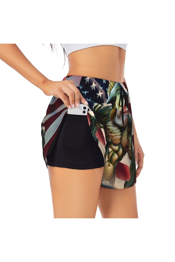 giant bass with big muscles Printed 2 in 1 Women's Workout Shorts for Athletic Gym Running Shorts with Phone Pockets-Small