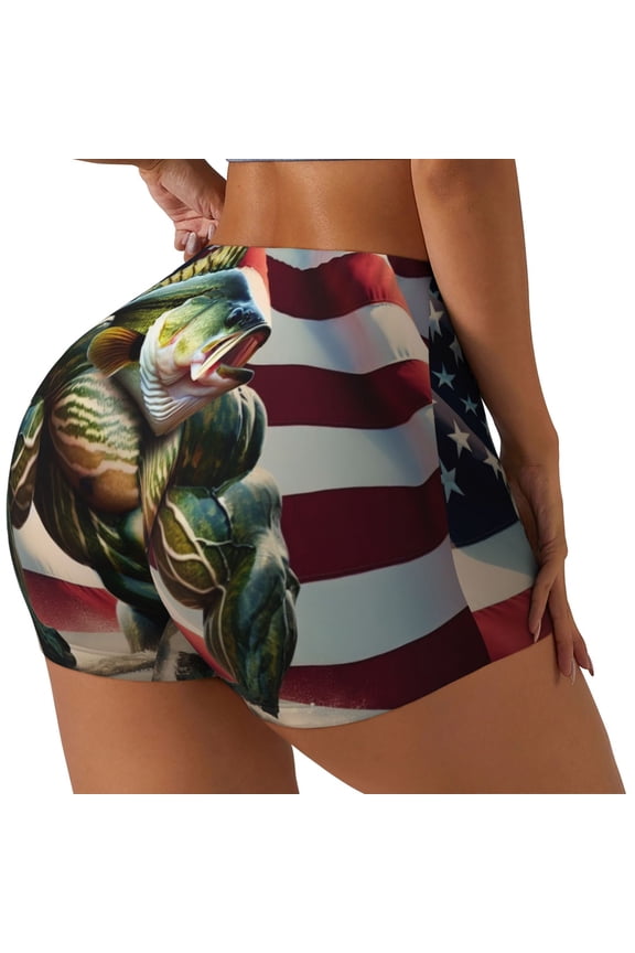 giant bass with big muscles Printed Power Workout Shorts for Women Tummy Control Squat Proof Ribbed Thick Seamless Scrunch Active Short-Medium