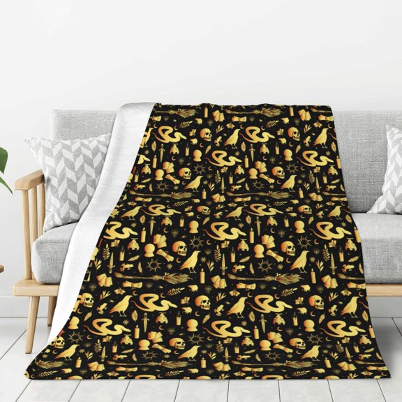 Rateoe glod Skull snake bird Pattern Flannel Throw Blanket, Ultra-soft Blanket for Bed, Couch, Car, Hypoallergenic Anti-pilling blanket-40"x30"(Vertical)