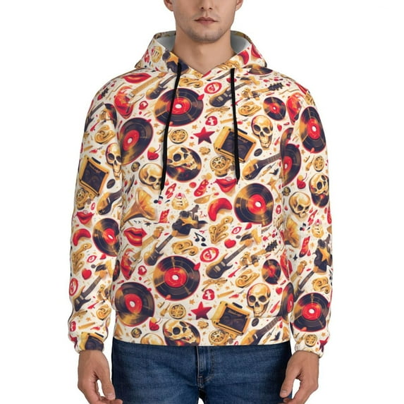 Rateoe gold Skull Guitar record Pattern Mens Hoodie, Pullover Hooded Sweatshirt, Kangaroo Pocket Hoodie Ideal for Daily Wear, Travel and Home-3X-Large
