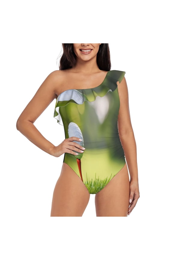 golf ball perched on a tee Pattern Women One Piece Swimsuits Tummy Control One Shoulder Bathing Suits Ruffle Swimwear-Large