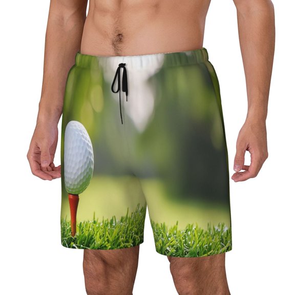 Rateoe golf ball perched on a tee Pattern Men’s Swim Shorts with Compression Liner – Double-Layered Quick-Dry Swimwear, Comfortable & Stretchy Beach Shorts-Medium