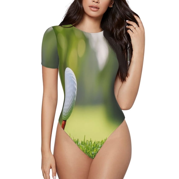 Rateoe golf ball perched on a tee Printed Women Rash Guard Short Sleeve,Tummy control Swimsuit Surfing Swimsuit Bathing Suit Short-sleeved Onesie UPF 50+-X-Large