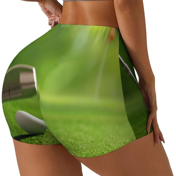 Rateoe golf ball after putting to the golf hole Printed Power Workout Shorts for Women Tummy Control Squat Proof Ribbed Thick Seamless Scrunch Active Short-X-Large