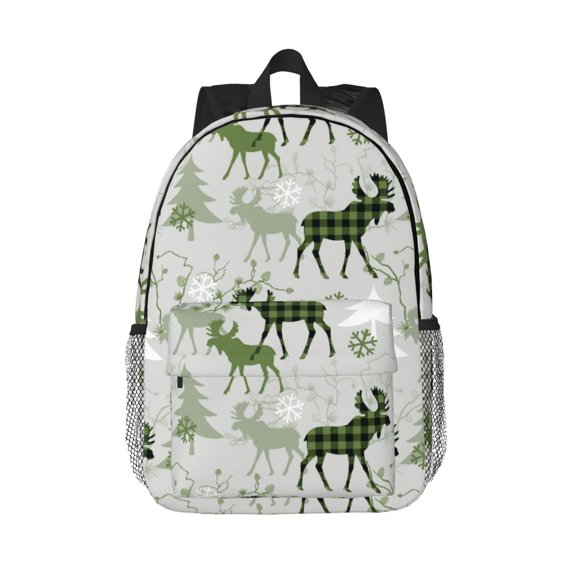 Rateoe green plaid Moose tree Pattern Student Backpack Water-resistant Backpack 15-inch Laptop Backpack Lightweight Adjustable School Backpack
