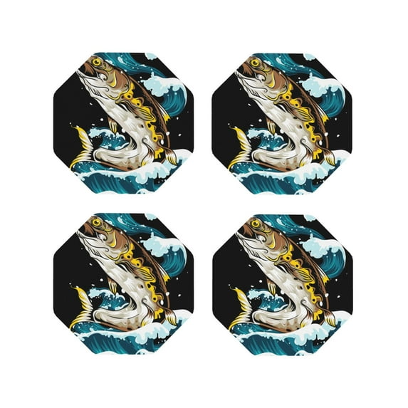 Rateoe green salmon fish Printed Drink Coasters Set of 4 Leather Coasters Spill Protection for Table Desk,Durable and Non Slip Leather Coaster ,4 Inches Drink Mats-Octagon