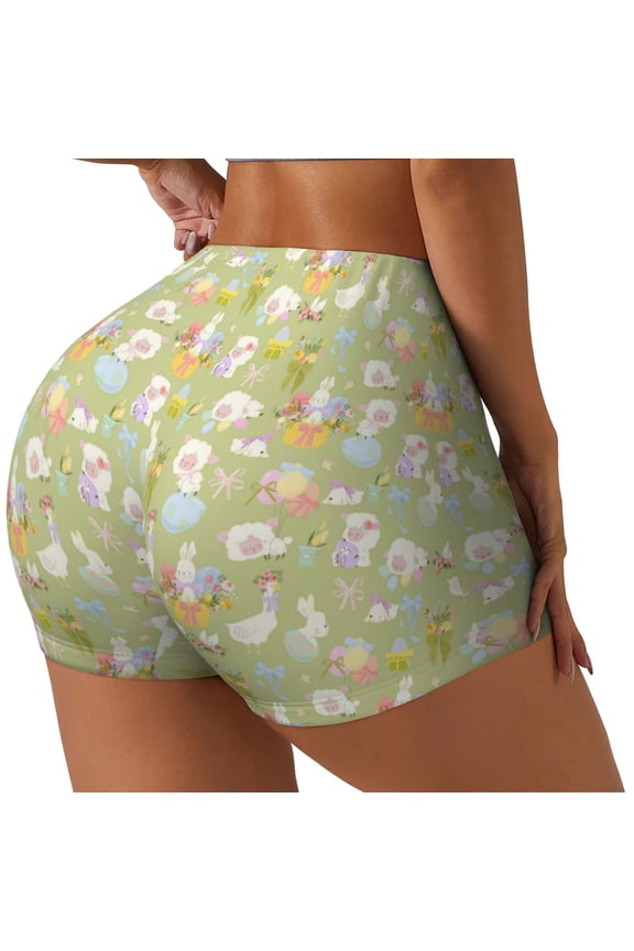 happy Easter Printed Power Workout Shorts for Women Tummy Control Squat Proof Ribbed Thick Seamless Scrunch Active Short-Small