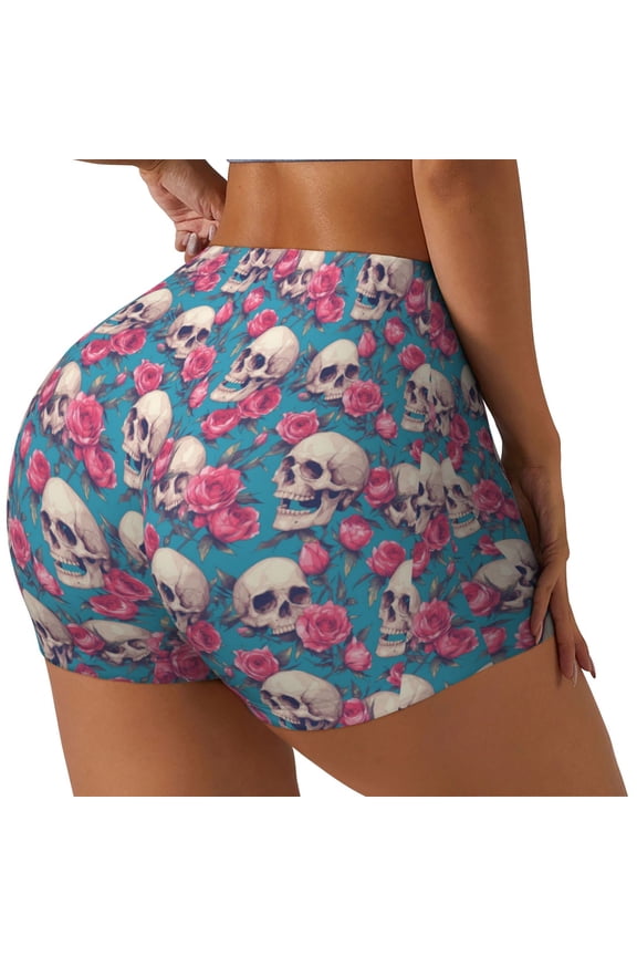 happy Skull rose Printed Power Workout Shorts for Women Tummy Control Squat Proof Ribbed Thick Seamless Scrunch Active Short-Medium