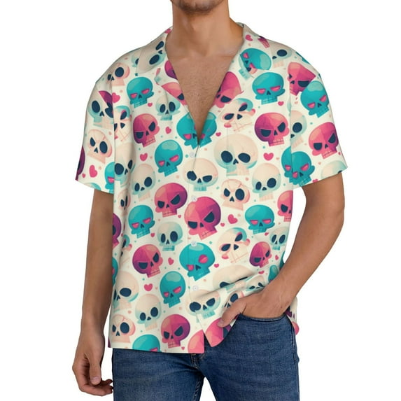 Rateoe heart Skull cute Pattern Men's Short Sleeve Classic Shirt, Casual Short-Sleeved Shirt, Lightweight Summer Shirt, Cuban Collar Shirt,Button-Front Shirt-3X-Large