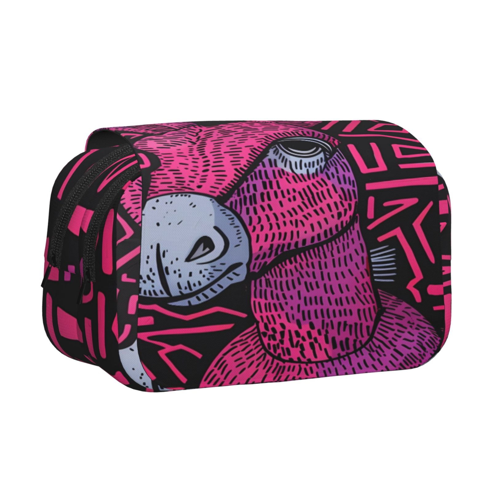 Rateoe ink Donkey Pop Art Pattern Double Clamshell Pen Case, Storage Organizer with Two Zipper Compartments– Holds Up to 50 Pencils & Pens