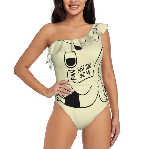 Rateoe just you and me Pattern Women One Piece Swimsuits Tummy Control One Shoulder Bathing Suits Ruffle Swimwear-
