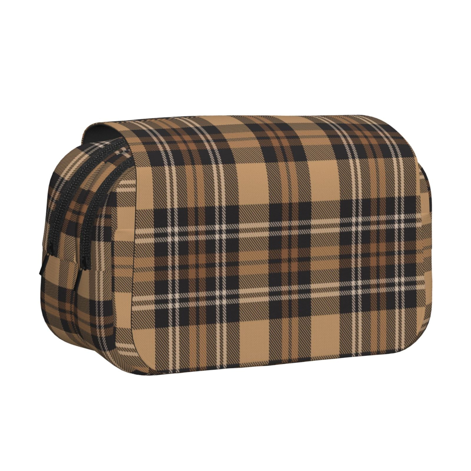 Rateoe khaki coffee plaid Pattern Double Clamshell Pen Case, Storage Organizer with Two Zipper Compartments– Holds Up to 50 Pencils & Pens