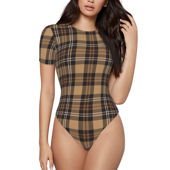 Rateoe khaki coffee plaid Printed Women Rash Guard Short Sleeve,Tummy control Swimsuit Surfing Swimsuit Bathing Suit Short-sleeved Onesie UPF 50+ -Medium