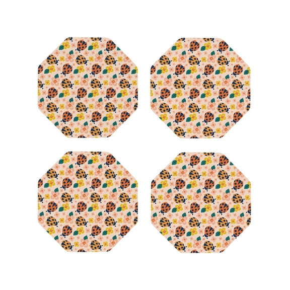 Rateoe ladybug and flower Printed Drink Coasters Set of 4 Leather Coasters Spill Protection for Table Desk,Durable and Non Slip Leather Coaster ,4 Inches Drink Mats-Octagon