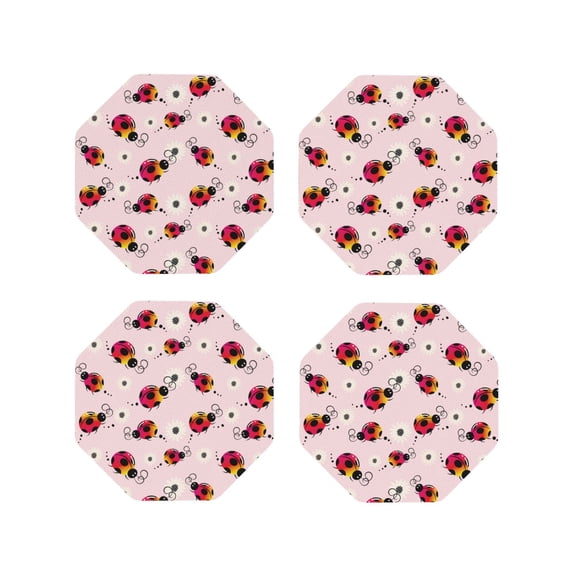 Rateoe ladybugs and flower Printed Drink Coasters Set of 4 Leather Coasters Spill Protection for Table Desk,Durable and Non Slip Leather Coaster ,4 Inches Drink Mats-Octagon