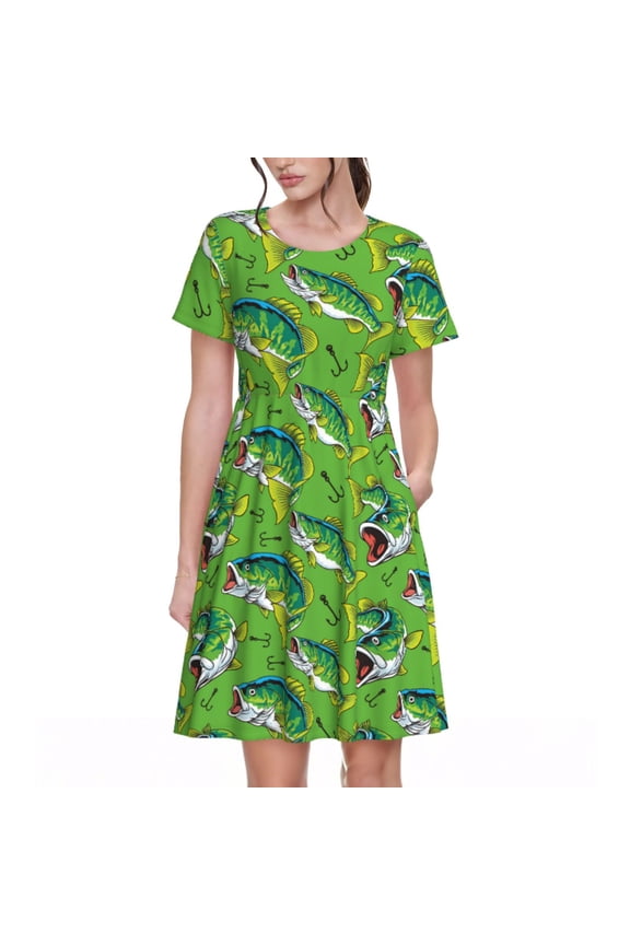 large mouth green color bass fish Pattern Women’s Short Sleeve Dress – Casual Elegant Summer A-Line Dress for Everyday Wear