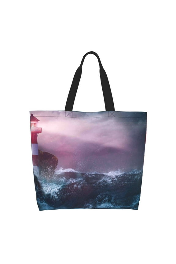 lighthouse Waves Torrential Rain Tote Bag - Waterproof Lightweight Handbags Travel Shoulder Bag for Hiking Yoga Gym Swimming Travel Beach