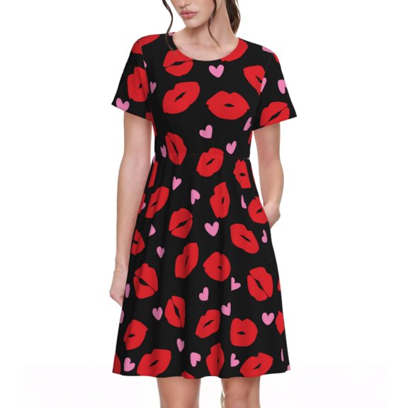 Rateoe lips and hearts Pattern Women’s Short Sleeve Dress – Casual Elegant Summer A-Line Dress for Everyday Wear