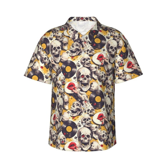 Rateoe lips record rock Skull Pattern Men’s Hawaiian Shirt – Short Sleeve Button-Down Tropical Beach Shirt, Lightweight & Breathable Casual Aloha Shirt with Pocket,Medium
