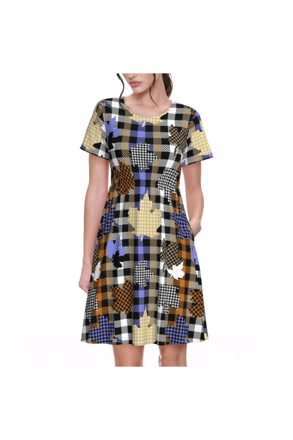 maple leaves Houndstooth Pattern Women’s Short Sleeve Dress – Casual Elegant Summer A-Line Dress for Everyday Wear