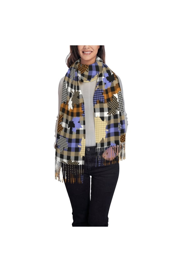 maple leaves Houndstooth Printed Women's Traditional Scarf Wrap Tassel Shawl Fringes Neck Head Shawl Retro Scarf