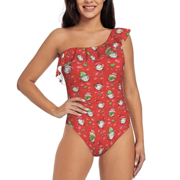 Rateoe merry Christmas gnome Pattern Women One Piece Swimsuits Tummy Control One Shoulder Bathing Suits Ruffle Swimwear-