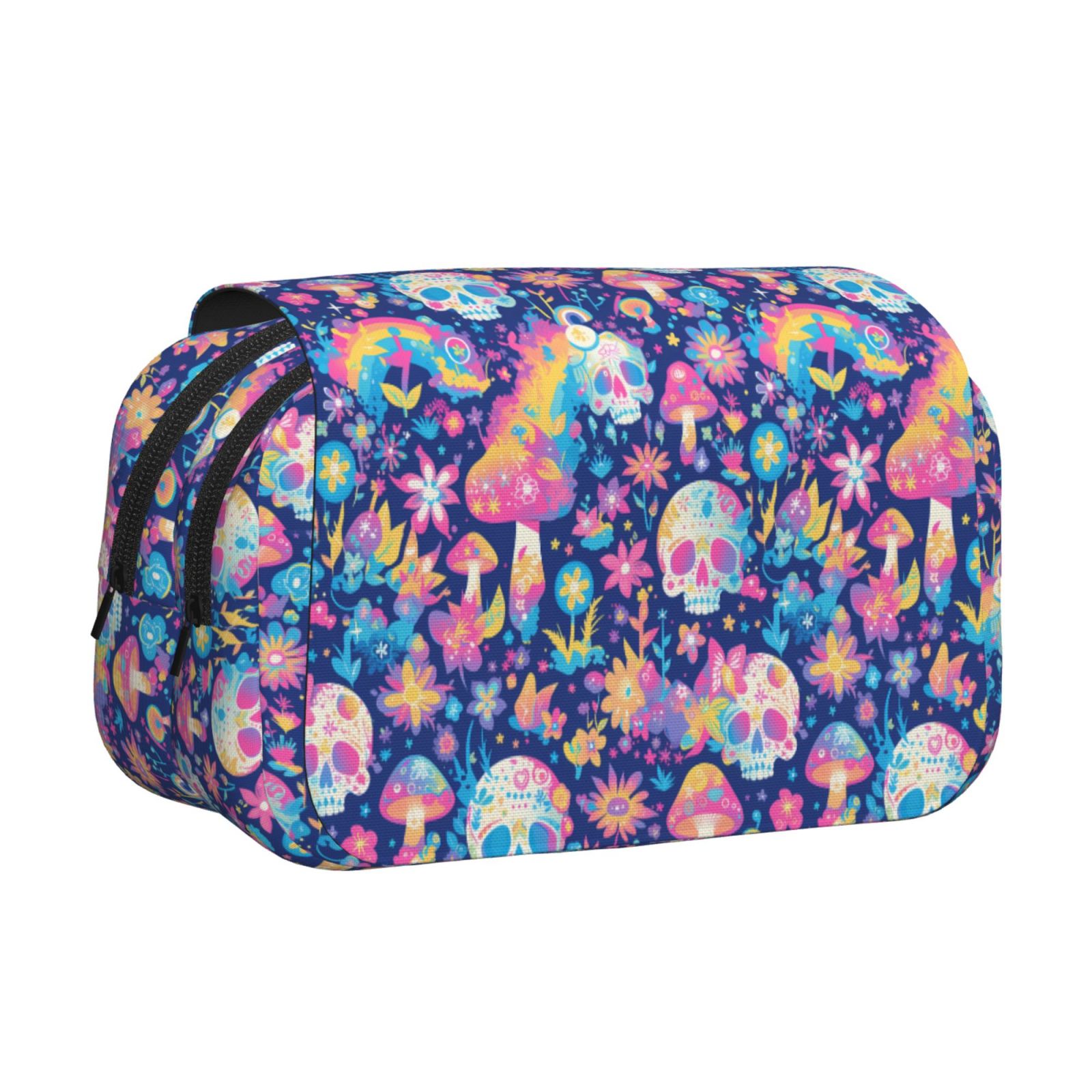 Rateoe mushroom Skull rainbow color Pattern Double Clamshell Pen Case, Storage Organizer with Two Zipper Compartments– Holds Up to 50 Pencils & Pens