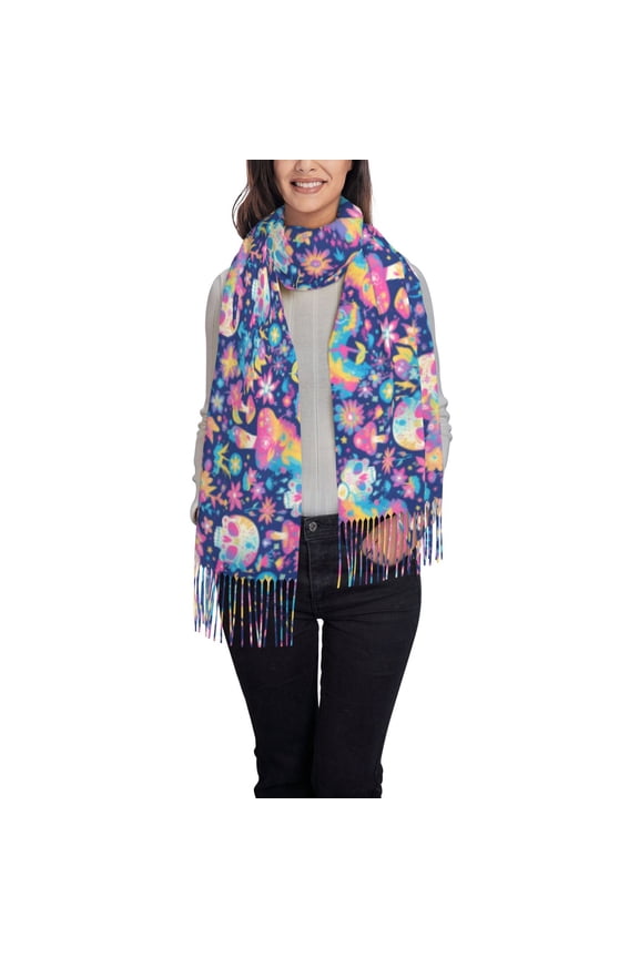 mushroom Skull rainbow color Women's Traditional Scarf Wrap Tassel Shawl Fringes Neck Head Shawl Retro Scarf