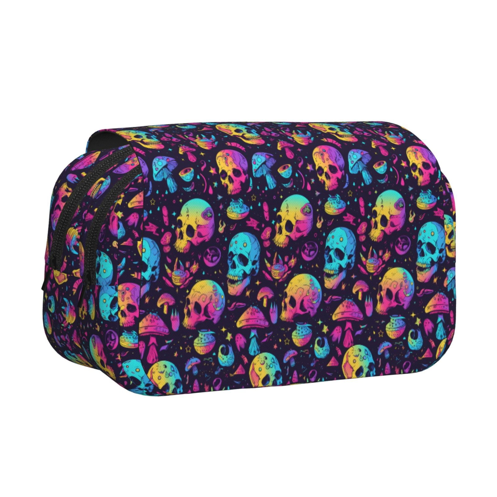 Rateoe mushroom Skull star Pattern Double Clamshell Pen Case, Storage Organizer with Two Zipper Compartments– Holds Up to 50 Pencils & Pens