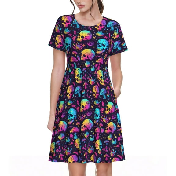 Rateoe mushroom Skull star Pattern Women’s Short Sleeve Dress – Casual Elegant Summer A-Line Dress for Everyday Wear