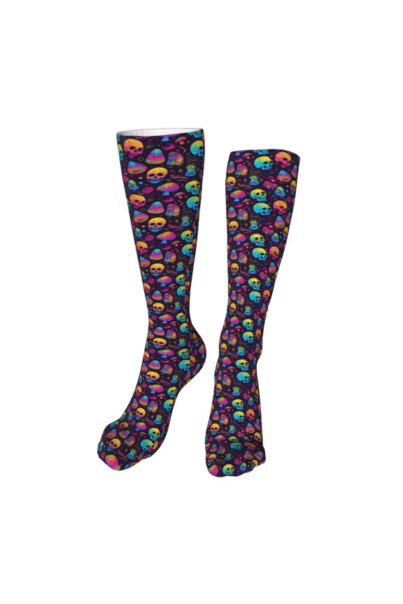 mushroom color Skull print Women's Men's Novelty 20in Crew Socks Cotton Socks Knee High Socks for Walking,Running,Nurses,Pregnancy-One Size