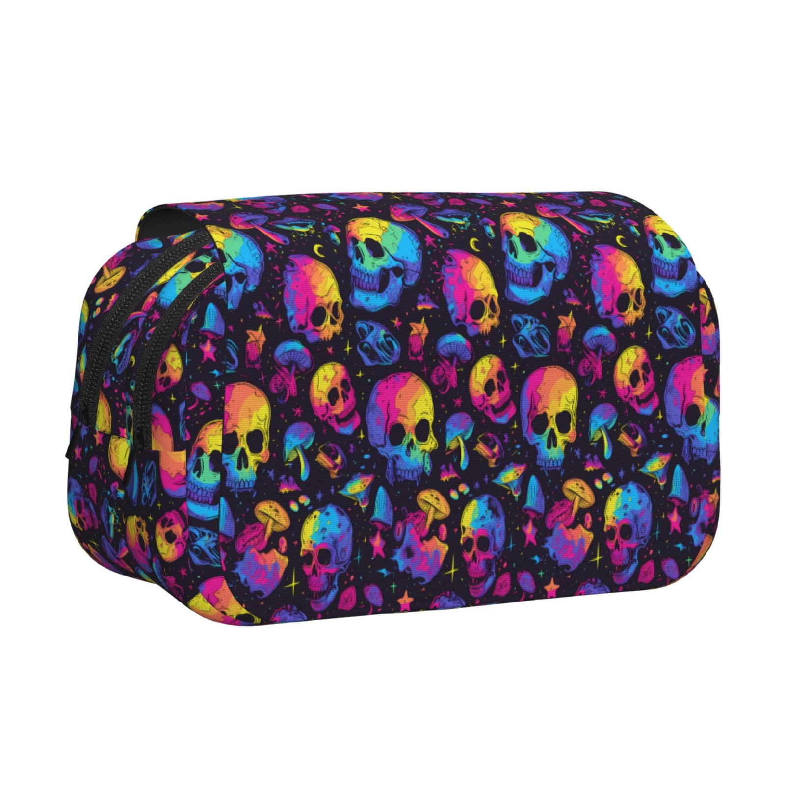 Rateoe mushroom rainbow color Skull Pattern Double Clamshell Pen Case, Storage Organizer with Two Zipper Compartments– Holds Up to 50 Pencils & Pens