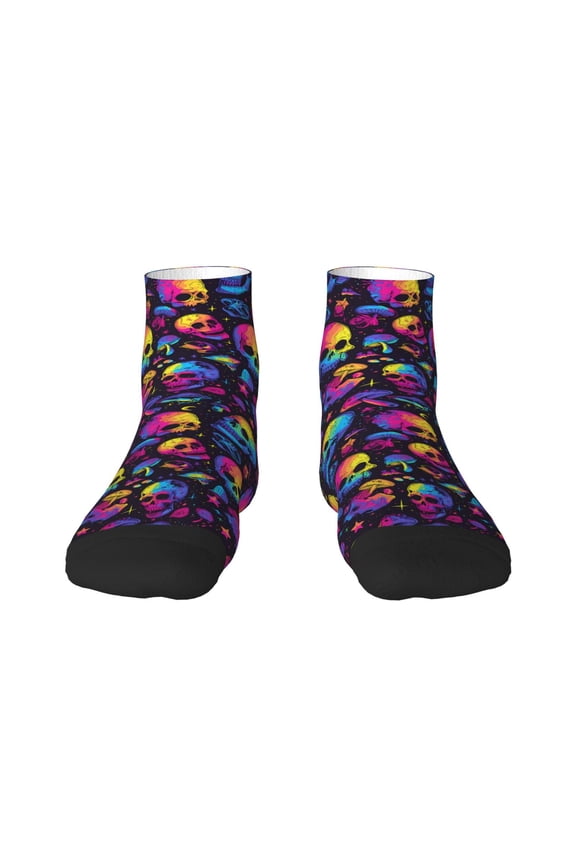 mushroom rainbow color Skull Pattern Quarter Crew Socks,Toe Seamed Ankle Socks,Cotton Cushioned Breathable Athletic Crew Sports Socks