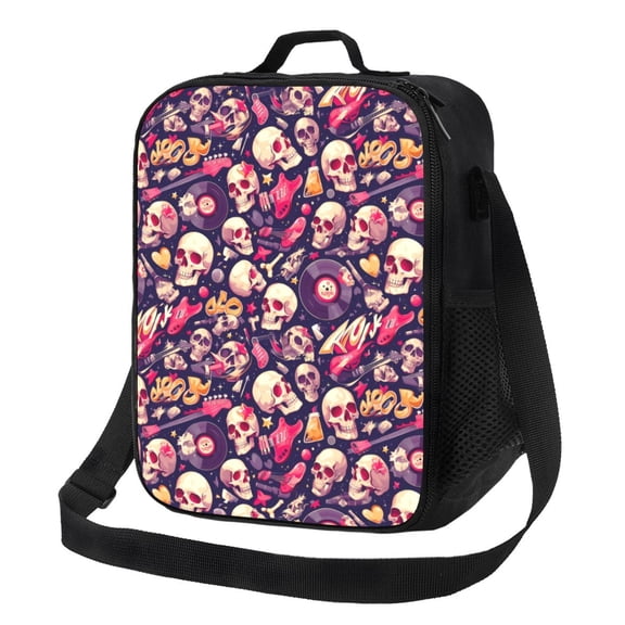 Rateoe music Skull record Guitar Lunch Bag Reusable Lunch Box with Shoulder Straps for Men Women Insulated Portable Lunchbox for adults Suitable for School Work Picnic