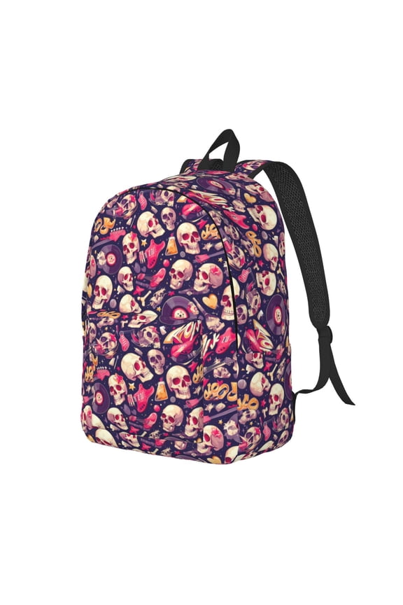 music Skull record Guitar Pattern Durable Canvas Backpack for Men & Women – Stylish & Lightweight – Adjustable Straps, Multiple Pockets – Fits 15-17 Inch LaptopsSmall