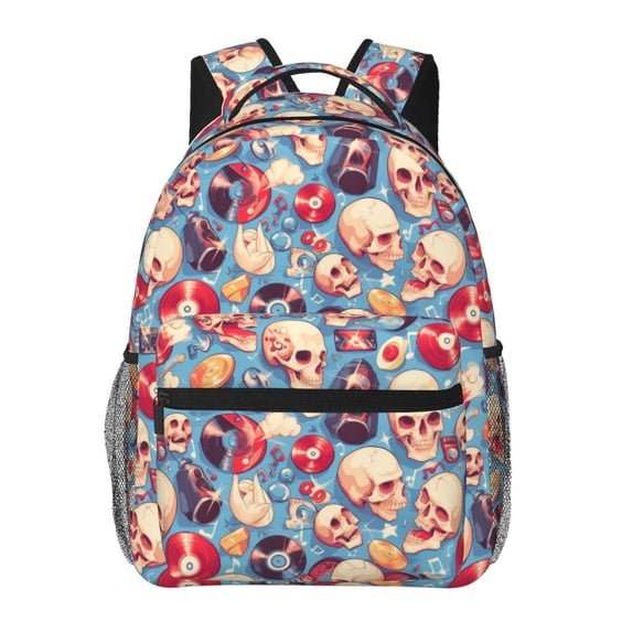 Rateoe music Skull record Retro Pattern Casual Backpack for School, Work, Travel – Adjustable Straps, Multiple Compartments – Ergonomic Design, Fits Laptops and Tablets